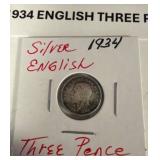 1934 Silver English Three Pence Coin