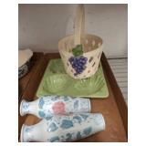 Ceramic Basket, Leaf Dish, and Porcelain Vases