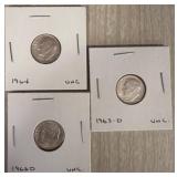 1963-D, 1964, 1962-D Roosevelt Dimes in Holders