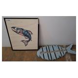 Framed Salmon Print and Wooden Fish Wall Decor w3