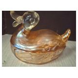 Amber Glass Duck-Shaped Lidded Dish