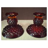 Fenton Ruby Hobnail Glass Candle Holders