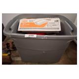 Storage Bin with Tools and Painter's Plastic
