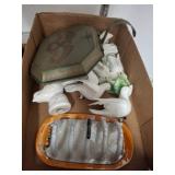 Decorative Tole Tray, Ceramic Birds, and Dish Lot