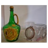 Painted Green Bottle and Clear Glass Jar