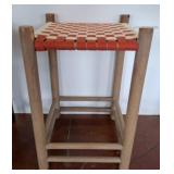 Wood Stool with Red and White Woven Seat