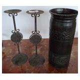 Metal Candlesticks and Embossed Metal Vase