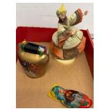 Ceramic Figure, Bell, and Tin Toy Set
