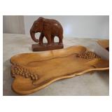 Wood Elephant Figurine, Tray, and Tree Cutting Boa