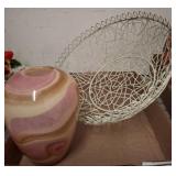 Wire Basket and Swirled Pink Ceramic Vase