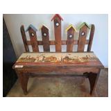 Painted Wood Bench with Birdhouse Backrest