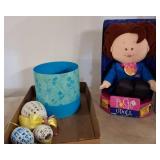 Rosie O'Doll with Crochet Eggs and Blue Tin