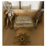 Metal Figurines, Jewelry Box, and Ship Wheel Decor