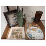 Decor Lot with Thermos, Plaque, and Glass Items