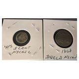 1868 Shield Nickel and US 3-Cent Nickel Coins