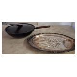 Cast Iron Pan with Wooden Handle & Metal Platter