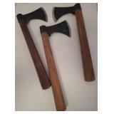three wood handled axes with steel heads