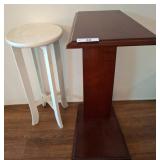 Wood Pedestal Table and White Plant Stand