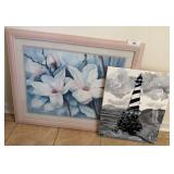 Framed Floral Print and Lighthouse Painting