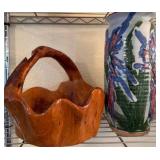 Carved Wood Basket and Hand-Painted Ceramic Vase