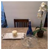 Decor Items Including Tray, Candle, Glassware