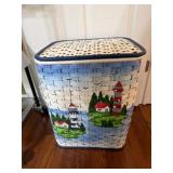 Hand-Painted Woven Basket with Lighthouse Design
