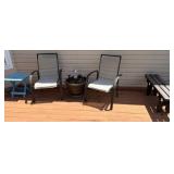 Outdoor Metal Chairs, Wood Bench, and Table