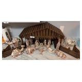 Wood Nativity Set with Ceramic Figures