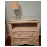 White Nightstand with Glass Top and Table Lamp