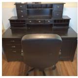 Black Wooden Desk With Hutch and Office Chair