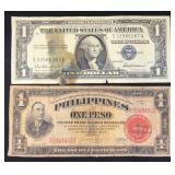 1957 U.S. $1 Bill and 1941 Philippine Peso Note