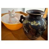 Handled Vase, Cat Figurine, and Pyrex Bowl