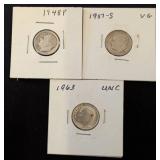 Three Roosevelt Silver Dimes, 1948-P, 1951-S, 1963