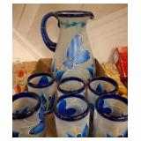 Hand-Painted Blue Glass Pitcher and Cups Set