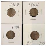 Four Early 1900s Wheat Pennies