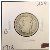1912 Barber Quarter in Cardboard Holder