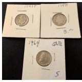 Three Roosevelt Dimes: 1947P, 1949P, and 1964