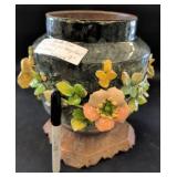 French Majolica Oil Lamp Font, Floral Motif