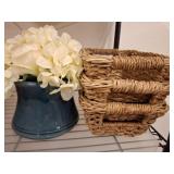 Ceramic Pitcher Vase and Woven Storage Baskets