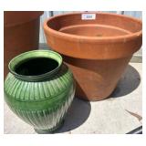 Terracotta Pot and Ribbed Green Ceramic Vase