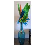 Tall Blue Glass Vase with Faux Tropical Floral