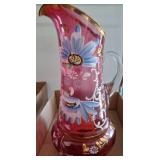 Hand-Painted Pink Glass Pitcher With Floral Motif
