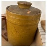 Stoneware Crock and Wood Stand with Glass Jar
