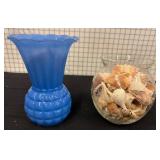 Blue Glass Vase and Shell-Filled Clear Glass Vase