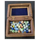 Carved Wooden Box with Vintage Marbles