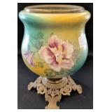 Hand-Painted Glass Vase with Ornate Brass Base