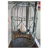 Green Wire Birdcage with Ceramic Bird Figurine