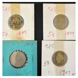 Four U.S. V Nickels (1888, 1899, 1901, 1907)