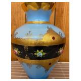 Blue Glass Vase With Gold Detailing and Florals