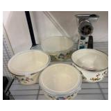 Floral Bowls With Lids and Metal Hand Grinder